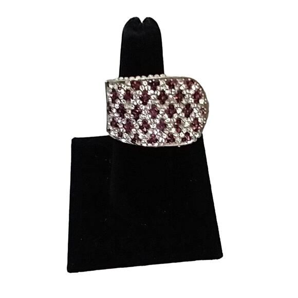 Purple and Clear Rhinestones Stretch Statement Ring Unique Design Silver Tone - Picture 1 of 5